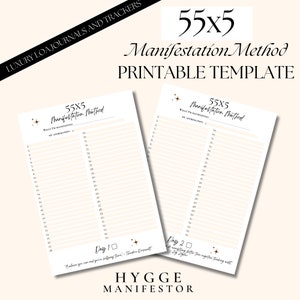 May include: Two printable templates for the 55x5 Manifestation Method. The templates are white with a beige grid for writing affirmations. The text includes "55x5 Manifestation Method Printable Template" and quotes by Theodore Roosevelt and Zig Ziglar.