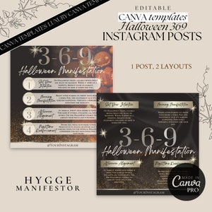Può includere: Un modello di post Instagram a tema Halloween nero e oro con il testo "3-6-9 Manifestazione di Halloween" e quattro passaggi per la manifestazione: Imposta la tua intenzione, Manifestazione mattutina, Allineamento pomeridiano e Rinforzo notturno. Il modello è progettato per l'uso sui social media.
