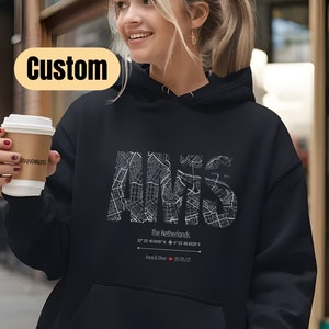 Benutzerdefinierte Amsterdam City Map Sweatshirt | Koordinaten, Daten und Namen Personalisierung | Hoodie | Expat Geschenk