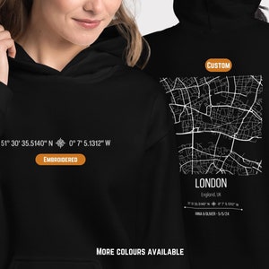 Personalisierter Hoodie mit Stadtplan und Koordinaten |  Personalisiertes gesticktes Koordinaten-Sweatshirt
