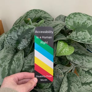 Könnte beinhalten: Ein rechteckiges Lesezeichen mit einem diagonalen Streifenmuster in Grün, Hellblau, Weiß, Gelb und Rot. Der Text "Accessibility is a Human Right" steht oben und "Disability Pride Month" steht unten in weißer Schrift auf dem Lesezeichen.