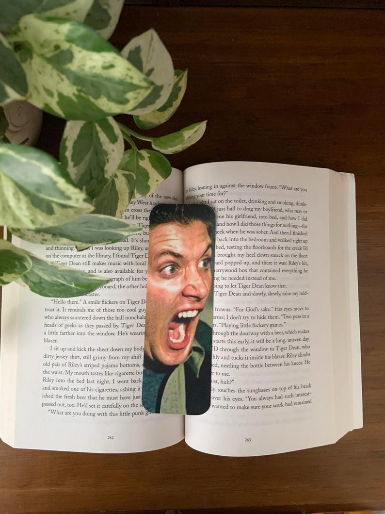 Puede incluir: Un marcap&aacute;ginas rectangular con una impresi&oacute;n fotogr&aacute;fica de una persona con una expresi&oacute;n de grito y ojos muy abiertos. El marcap&aacute;ginas est&aacute; colocado verticalmente en el centro de un libro abierto con p&aacute;ginas blancas y texto negro.