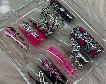 Pink G59 FTP Suicideboys Camo 3D Chrome Press on Nails | Custom, Reusable and Handpainted Press on Gel Nails