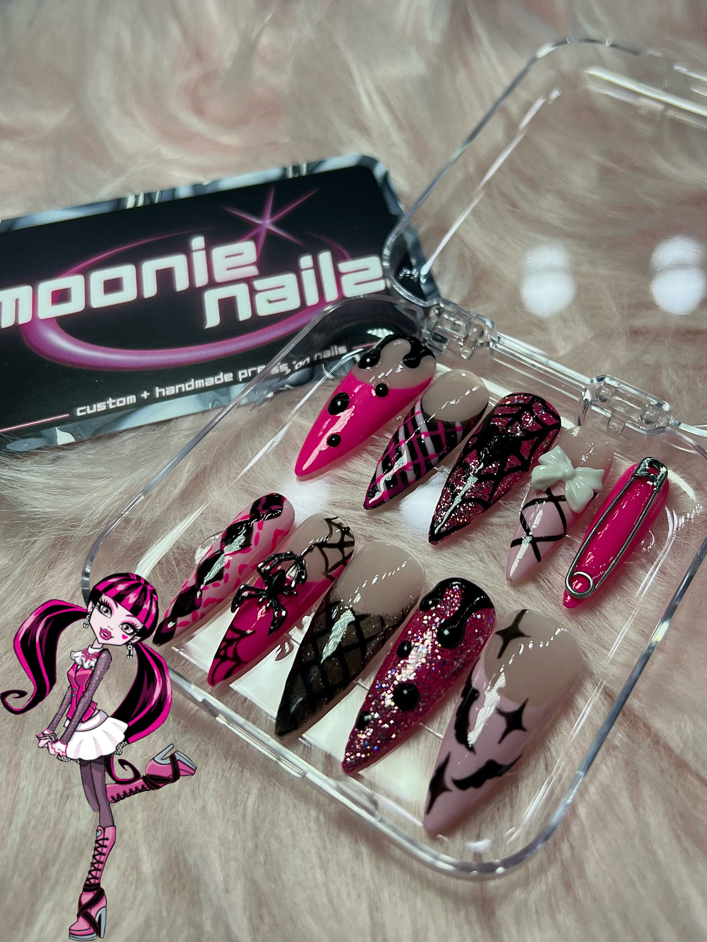 Monster High Draculaura Black and Pink Spiderweb Glitter Plaid Press on Nails | Custom, Reusable and Hand Painted Press on Gel Nails