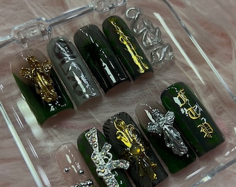 G59 Suicideboys South Side Suicide Chrome 3D Angel Cross Aura Press on Nails | Custom, Reusable and Handpainted Press on Gel Nails