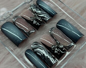 Black & White Chrome Coquette Liquid Metal French Tip Aura Press on Nails | Custom, Reusable and Handpainted Press on Gel Nails