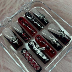 G59 Suicideboys Greyday Red & Black Ruby da Cherry Scrim Corset Press on Nails | Custom, Reusable and Handpainted Press on Gel Nails