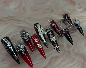 G59 Suicideboys Greyday Red Marble 3D Ruby da Cherry Press on Nails | Custom, Reusable and Handpainted Press on Gel Nails