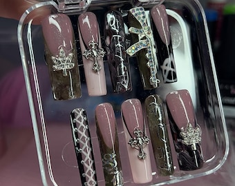 G59 Suicideboys Greyday Pink Camo Corset Marble Press on Nails | Custom, Reusable and Handpainted Press on Gel Nails