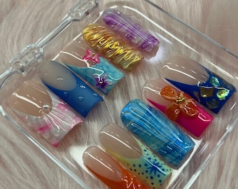 Blue Pink Orange Abalone Seashell Aura 3D Flower Chrome Pearl Summer Press on Nails | Custom, Reusable and Handpainted Press on Gel Nails