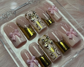 Bridgerton Inspired Coquette Baby Pink Bow Gold 3D Baroque Press on Nails | Custom, Reusable and Handpainted Press on Gel Nails