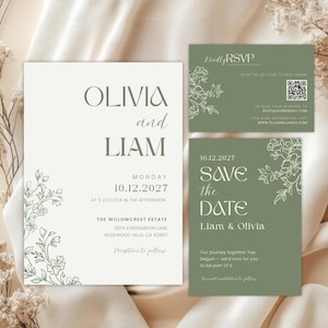 Minimalist Sage Green Wedding Invite | Editable Canva Template | Wedding Invitation Set with RSVP | Botanical Printable Download