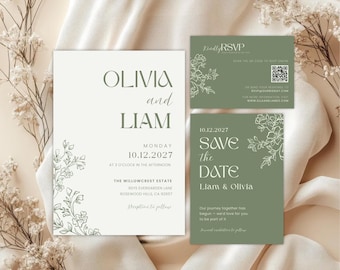 Sage Green Wedding Invitation Set | Minimalist Botanical Invite (Canva Template)