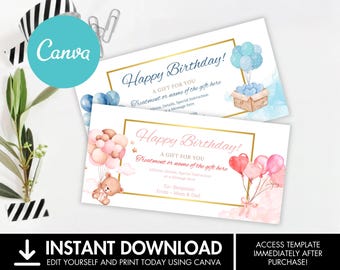 Bewerkbare sjabloon voor cadeaubon voor gelukkige verjaardag, bewerkbare verjaardagscadeaubon, evenement, uniseks afdrukbare verjaardagscadeaubon