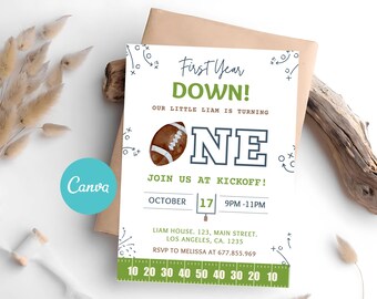 Eerste verjaardagsuitnodiging voetbal, bewerkbare canvassjabloon