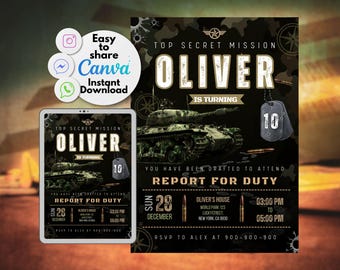 Könnte beinhalten: Eine Einladung zu einer Geburtstagsfeier im Tarnmuster für einen Jungen namens Oliver, der 10 Jahre alt wird. Die Einladung zeigt einen Comic-Panzer, ein Hundemarken mit der Nummer 10 und den Text "Top Secret Mission".