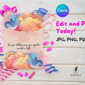 Carte de joyeux anniversaire Bella - nuages et arc-en-ciel - téléchargement numérique - plusieurs formats - carte d'anniversaire imprimable - lien canva modifiable
