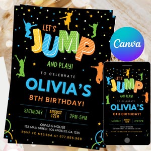 Puede incluir: Una invitación de cumpleaños negra y colorida con el texto "Let's Jump and Play! To Celebrate Olivia's 8th Birthday!" La invitación incluye los detalles de la fiesta, incluyendo la fecha, la hora y la ubicación.