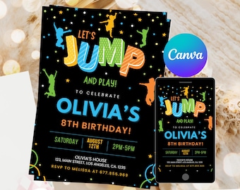 May include: A black and colorful birthday invitation with the text "Let's Jump and Play! To Celebrate Olivia's 8th Birthday!"  The invitation includes details for the party, including the date, time, and location.