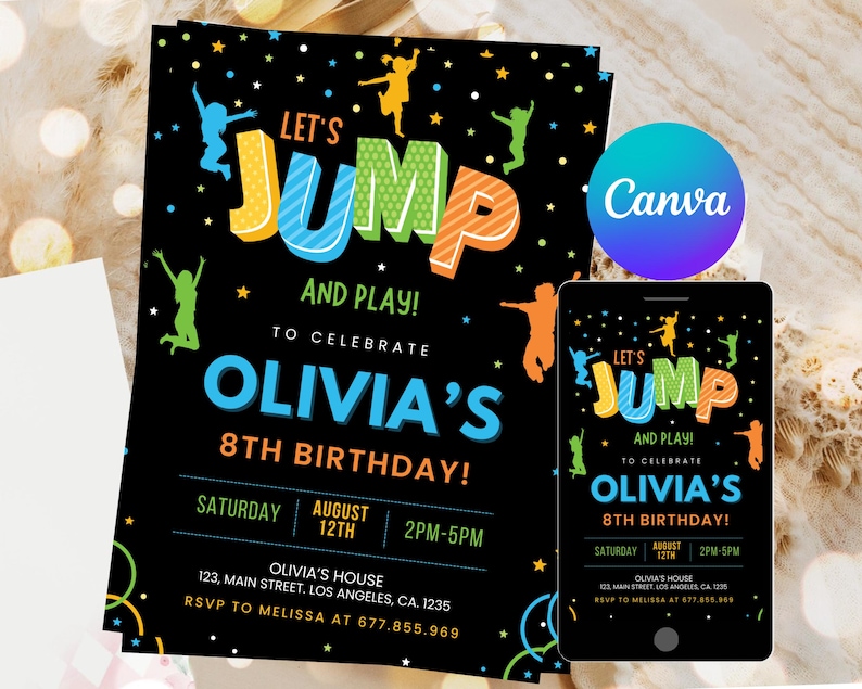 K&ouml;nnte beinhalten: Eine schwarze und farbenfrohe Geburtstagseinladung mit dem Text "Let's Jump and Play! To Celebrate Olivia's 8th Birthday!" Die Einladung enth&auml;lt Details zur Party, einschlie&szlig;lich Datum, Uhrzeit und Ort.