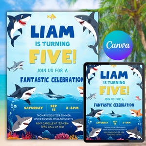 Editable Shark Birthday Invitation, Shark Invitation, Fintastic Shark Party, Shark Under The Sea, Boy Birthday, Printable Template, Download