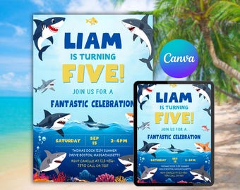 May include: A blue and yellow birthday invitation with a shark theme. The invitation says "Liam is turning five!" and includes details for a fantastic celebration.