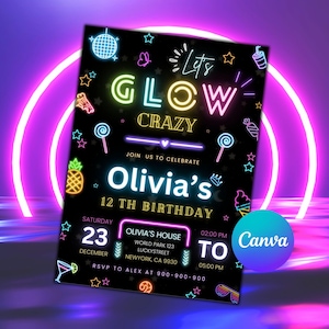 Glow Invitation | Glow Party Birthday Invite | Neon Party Template | Glow Lights | Girl Boy Evite | Editable Canva | Neon Party Invitation