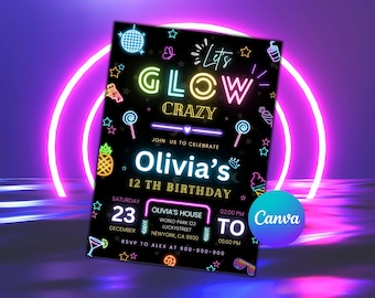 Glow Birthday Invitation | Editable Neon Party, Teen Girl (Canva Template)