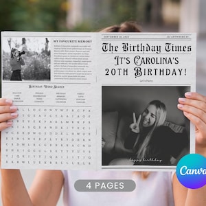 Plantilla de periódico de cumpleaños editable / Infografía de cumpleaños de Canva / Póster de cumpleaños plegable / Invitación de cumpleaños con datos curiosos
