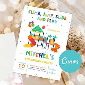Puede incluir: Una invitación colorida para una fiesta de cumpleaños de un niño de 8 años. La invitación presenta una ilustración de dibujos animados de un patio de recreo con un tobogán, una estructura de escalada y un columpio. El texto de la invitación dice "Sube, salta, deslízate y juega para celebrar el octavo cumpleaños de Mitchel". La fecha y la hora de la fiesta también se incluyen en la invitación.