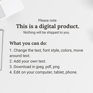 Op de afbeelding: Een witte achtergrond met een laptop, een klembord, een turquoise theepot en een notitieblok. De tekst "Let op: dit is een digitaal product. Er wordt niets naar u verzonden." wordt in zwarte tekst weergegeven. Onder de tekst staat een lijst met vier dingen die u met het digitale product kunt doen: 1. Wijzig de tekst, het lettertype, de kleuren, verplaats de tekst. 2. Voeg uw eigen tekst toe. 3. Download in jpeg, pdf, png. 4. Bewerk op uw computer, tablet, telefoon.