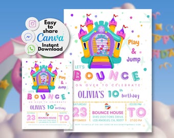 Digitale uitnodiging springkasteel, verjaardagsuitnodiging, springkasteelfeest, DIY-verjaardagssjabloon, bewerken met canva, direct downloaden!