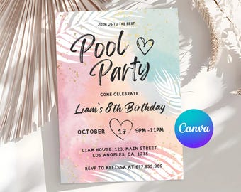 Bewerkbare uitnodiging voor zwembadfeest | Uitnodiging voor zwemfeestje voor kinderen | Canva-sjabloon voor zwemfeestje | Directe download voor kinderbadverjaardagsviering