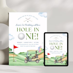 May include: A golf-themed birthday invitation featuring a watercolour illustration of a golf buggy, golf balls, and a golf flag. The text reads "Swing on by & join the fun! Liam's 1st Birthday will be a Hole-in-One! Monday, August 10th at 3 PM. At 123 anywhere st., any city, st 12345. RSVP to Alex at 200-200."