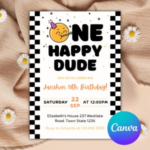 Editable One Happy Dude Birthday Invite | Blue Black Retro Smiley Face | First Bday Invitation | 1st Birthday Canva Template Printable