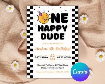 Sjabloon voor verjaardagsuitnodiging voor één gelukkige kerel, bewerkbare glimlach gezicht verjaardagsuitnodiging, bliksemschicht glimlach, retro uitnodiging eerste verjaardagsfeestje