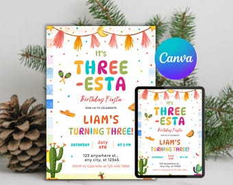 Inbjudan till Three-Esta-födelsedag, redigerbar mexikansk fiesta (digital nedladdning)