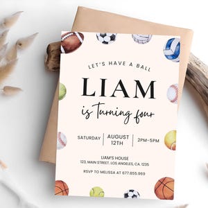 May include: A white invitation with a watercolor illustration of various sports balls. The text reads "Let's Have a Ball Liam is Turning Four Saturday August 12th 2PM-5PM Liam's House 123, Main Street, Los Angeles, CA 1235 RSVP to Melissa at 677.855.969"