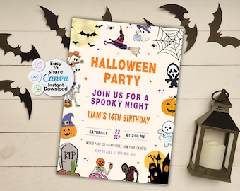 May include: A Halloween party invitation with a cartoon illustration of a spooky night. The invitation is for Liam's 14th birthday party. The party is on Saturday, September 22nd at 2:00 PM. The address is World Park 123 Luckystreet, New York, CA 9930. RSVP to Alex at 900-900-900.