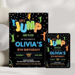 K&ouml;nnte beinhalten: Eine bunte Einladung zu einer 8. Geburtstagsfeier mit dem Text "Let's Jump and Play! To Celebrate Olivia's 8th Birthday!" Die Einladung ist schwarz mit bunten Sternen und springenden Figuren. Datum und Uhrzeit der Party sind mit "Samstag, 12. August, 14:00-17:00 Uhr" angegeben.