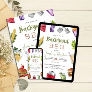 Op de afbeelding: Uitnodiging voor een barbecue in de achtertuin bij Janshon's Residence op zaterdag 22 september om 14:00 uur. De uitnodiging bevat een aquarel-illustratie van eten en drinken, waaronder ma&iuml;s op de kolf, watermeloen, ijslolly's, hamburgers, limonade en groene smoothies.