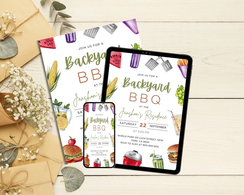 Op de afbeelding: Uitnodiging voor een barbecue in de achtertuin bij Janshon's Residence op zaterdag 22 september om 14:00 uur. De uitnodiging bevat een aquarel-illustratie van eten en drinken, waaronder ma&iuml;s op de kolf, watermeloen, ijslolly's, hamburgers, limonade en groene smoothies.
