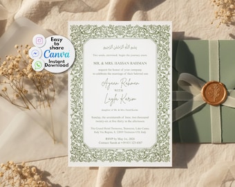 Bloemen Arabische islamitische huwelijksuitnodiging A5 | Moslim Nikkah-sjabloon | Bewerkbaar canvas afdrukbaar | Downloadbare uitnodiging voor Save the Date
