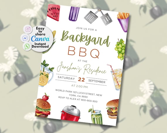 Editable Backyard BBQ Invitation | Watercolor Design (Digital Template)