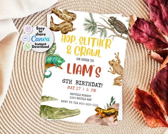 Sjabloon verjaardagsuitnodiging reptiel, hagedis, slangenfeest (bewerkbaar, digitale download)