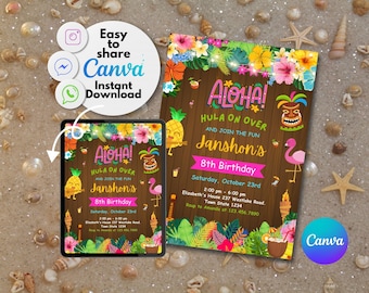 May include: Aloha! Hula On Over and Join the Fun. A tropical-themed birthday party invitation with a brown wooden background, colorful flowers, and a pineapple, flamingo, and tiki mask. The text says "Janshon's 8th Birthday" and includes the date, time, and location of the party.