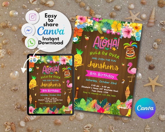 Hawaiian Luau Birthday Invitation, Luau Party Invitation, Luau Invitation, Hawaiian Birthday Invitation, Editable Luau Invitation, Printable