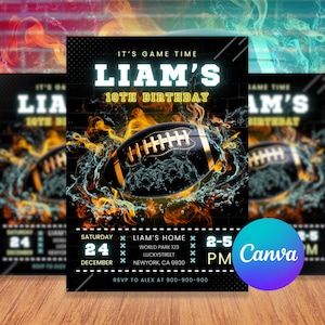Convite de futebol EDITÁVEL, convite de aniversário de futebol para impressão, convite para jogo de futebol, convite para festa esportiva, Canva 5x7, BANDEIRA DA NFL