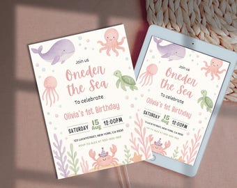 Invitación de primer cumpleaños bajo el mar / Plantilla editable de Canva