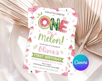 Bewerkbare watermeloen eerste verjaardagsuitnodiging, roze watermeloenfeest, One in a Melon, 1e verjaardag zomer, download, afdrukbaar, Canva
